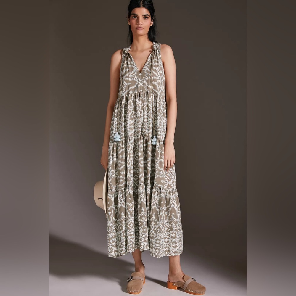 Anthropologie Omika Green Ruffled Tunic Maxi Dress Size XS